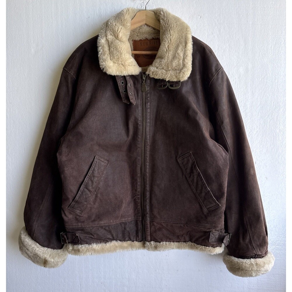 VTG New River Genuine Leather Article Shearling Bomber Aviator Coat Men’s Large
